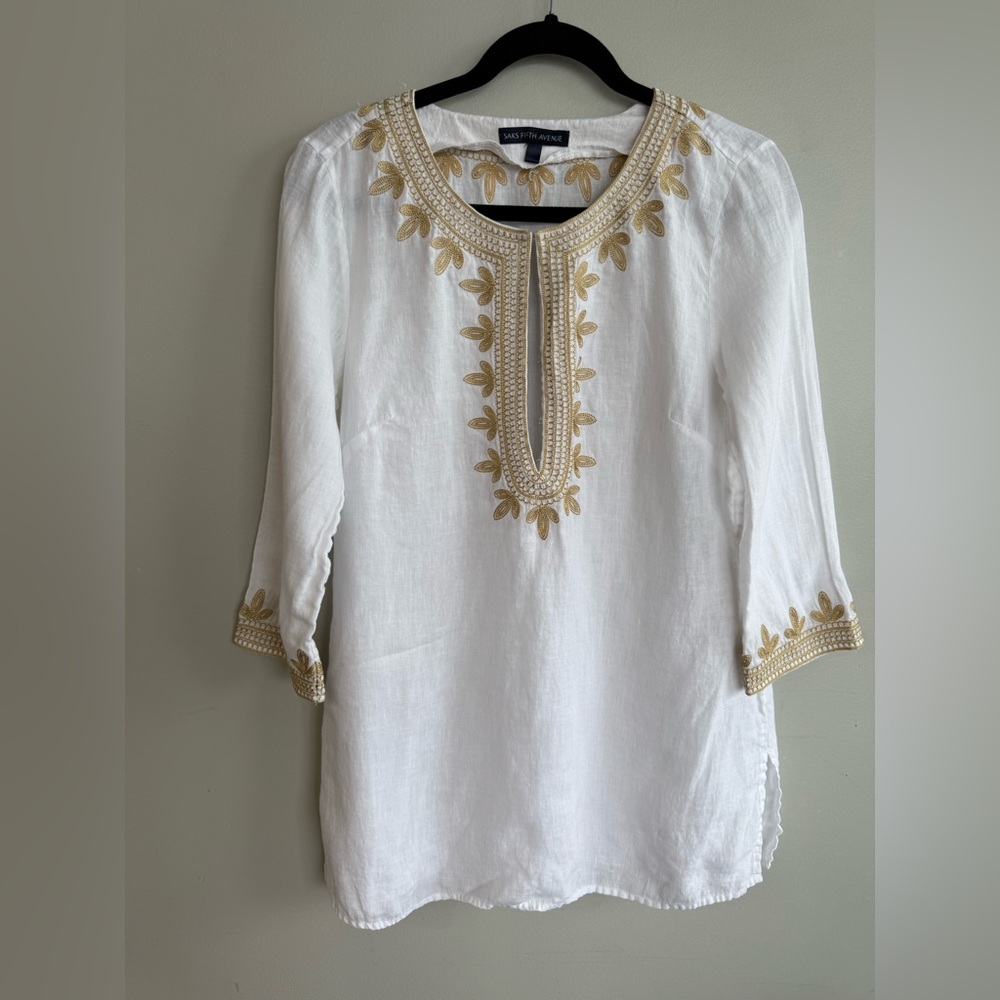 Saks Fifth Avenue Tunic Embroidered White and Gold Women's Top